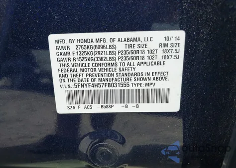2015 Honda Pilot Ex-L z USA, uszkodzony, nr VIN 5FNYF4H57FB031555